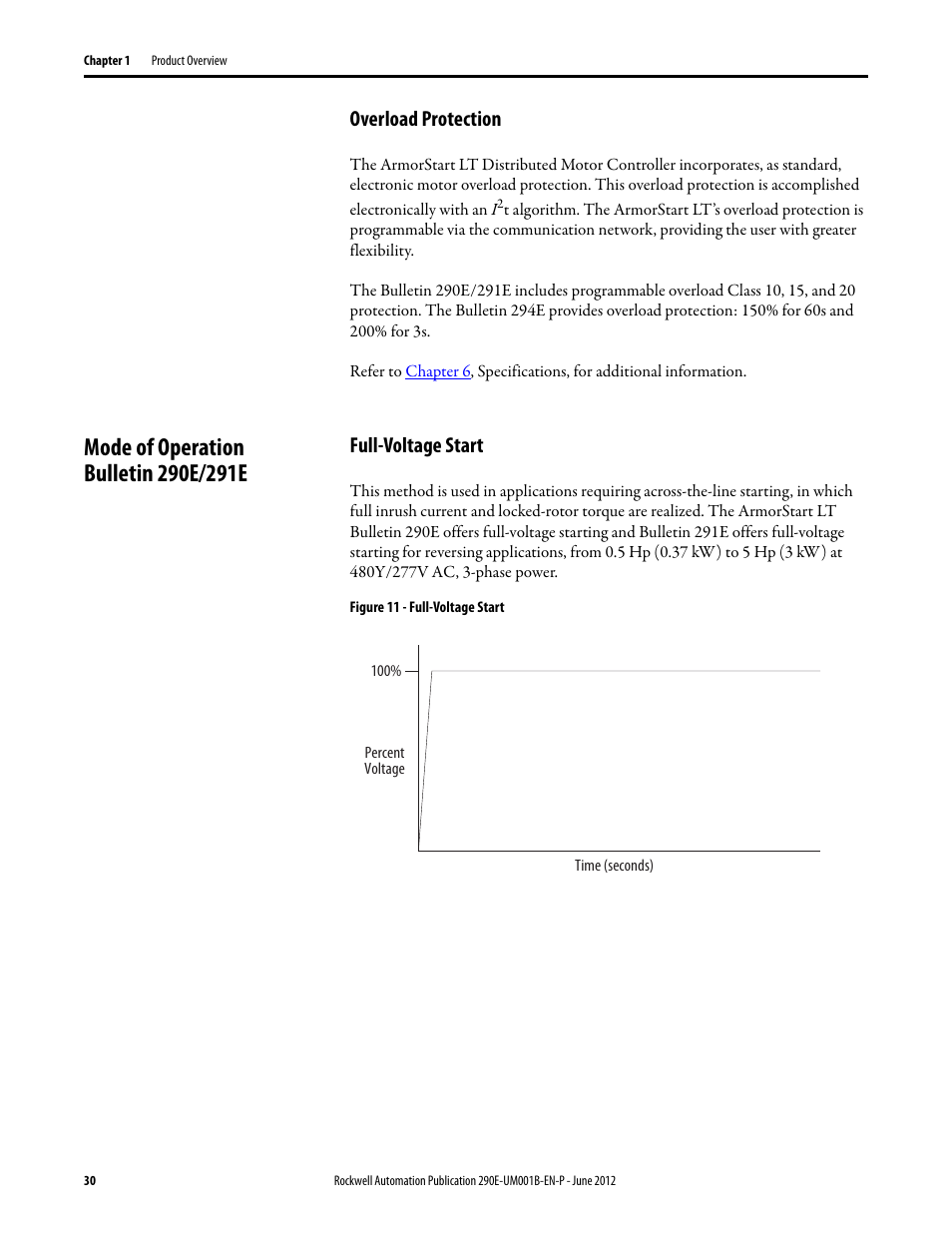 Overload protection, Mode of operation bulletin 290e/291e, Full-voltage start | Rockwell Automation 294E ArmorStart LT EtherNet/IP Version - User Manual User Manual | Page 30 / 252