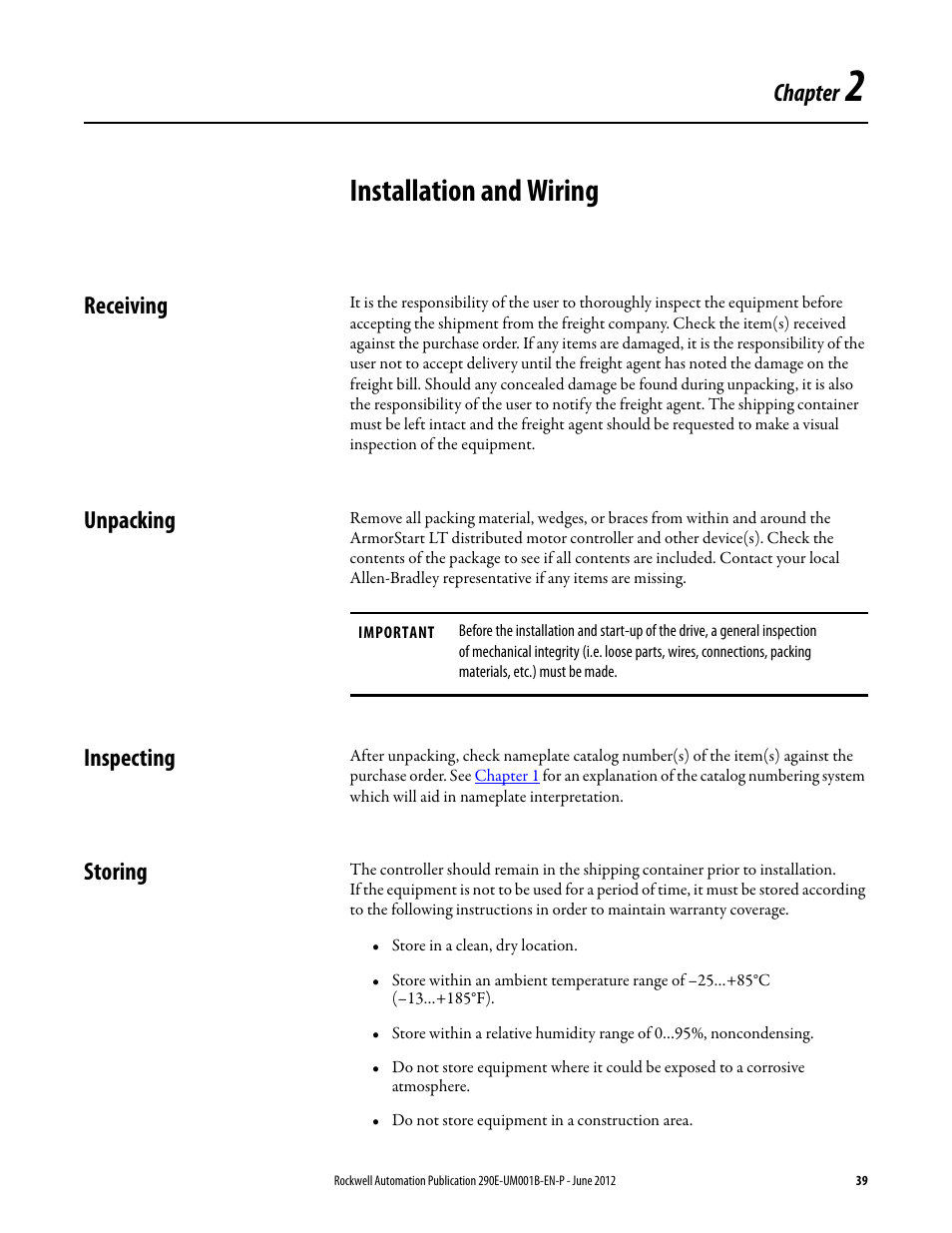 Chapter 2, Installation and wiring, Receiving | Unpacking, Inspecting, Storing, Chapter | Rockwell Automation 294E ArmorStart LT EtherNet/IP Version - User Manual User Manual | Page 39 / 252