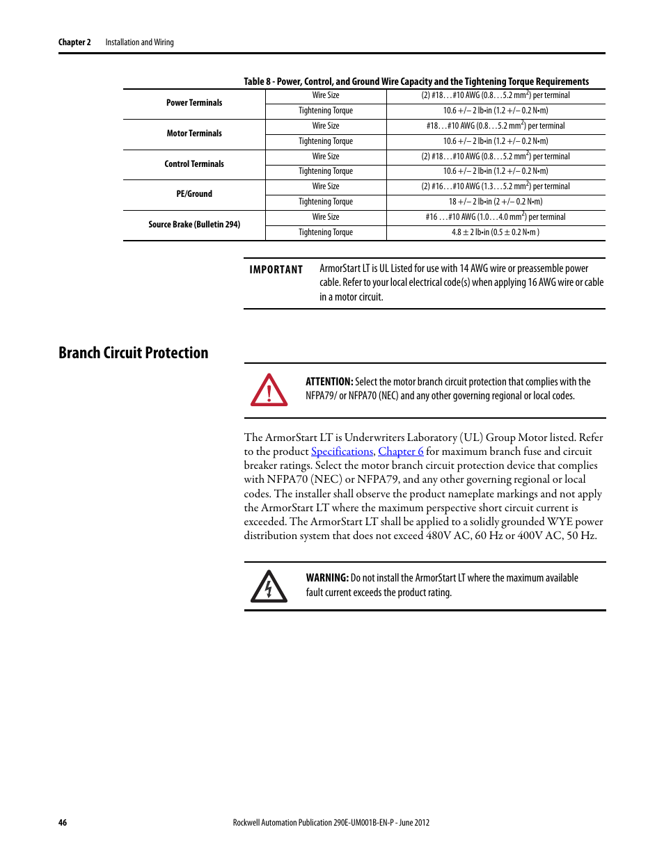 Branch circuit protection, Table 8 | Rockwell Automation 294E ArmorStart LT EtherNet/IP Version - User Manual User Manual | Page 46 / 252