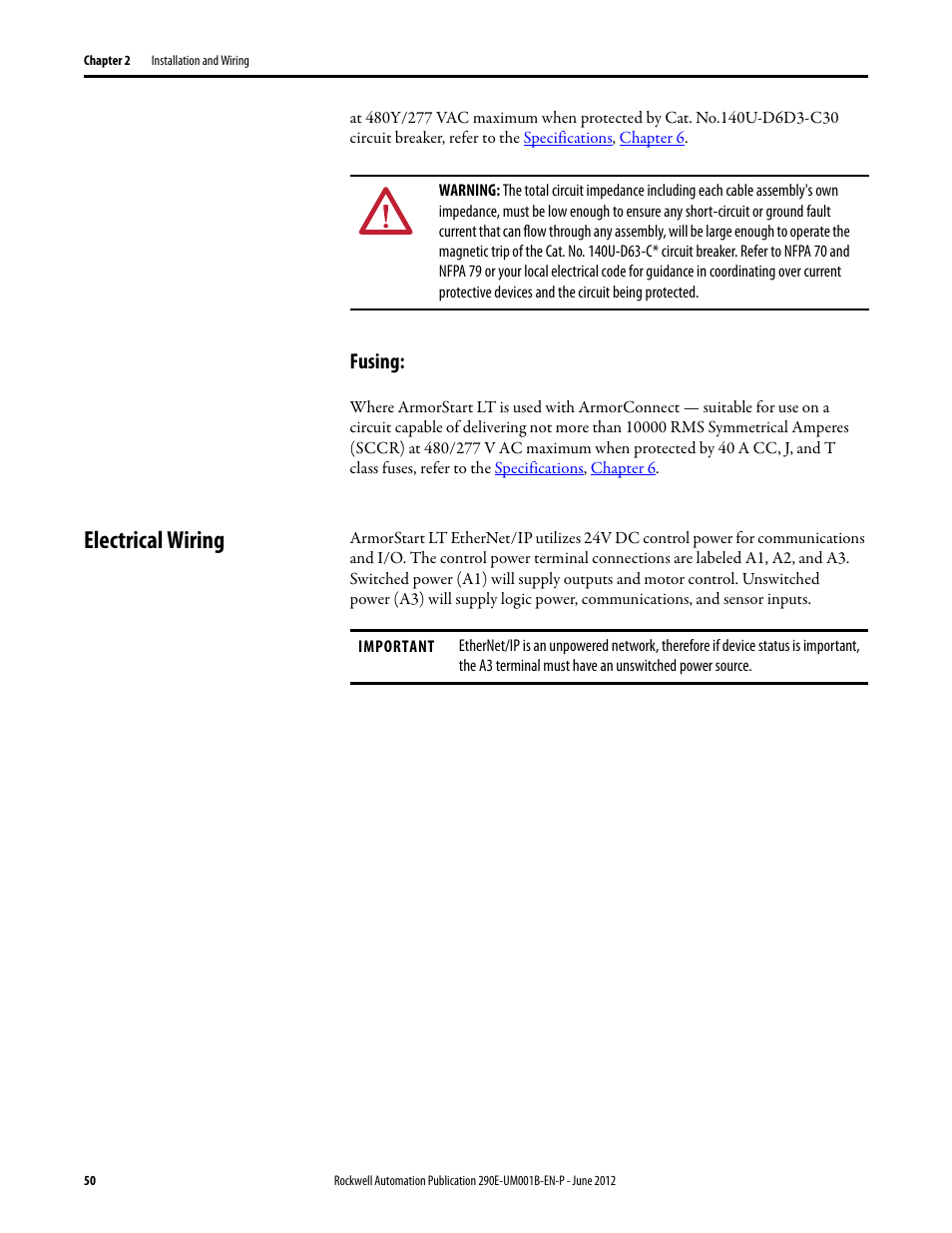 Fusing, Electrical wiring | Rockwell Automation 294E ArmorStart LT EtherNet/IP Version - User Manual User Manual | Page 50 / 252