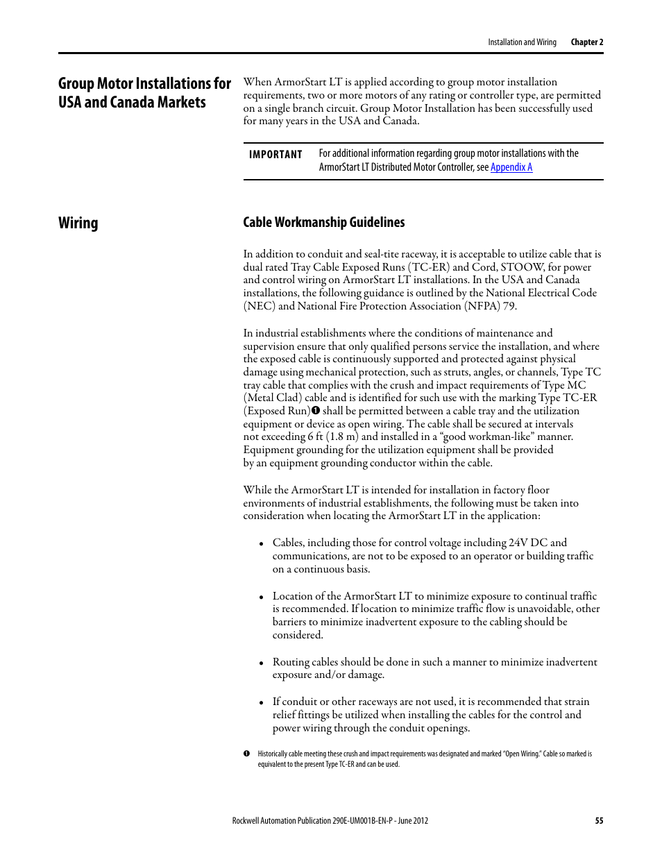 Wiring, Cable workmanship guidelines | Rockwell Automation 294E ArmorStart LT EtherNet/IP Version - User Manual User Manual | Page 55 / 252