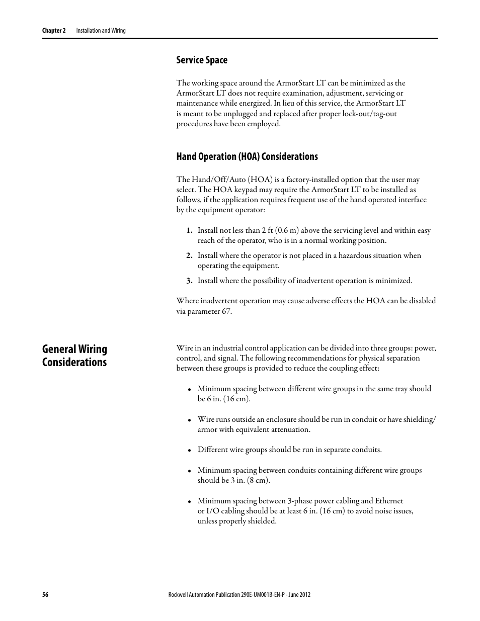 Service space, Hand operation (hoa) considerations, General wiring considerations | Rockwell Automation 294E ArmorStart LT EtherNet/IP Version - User Manual User Manual | Page 56 / 252