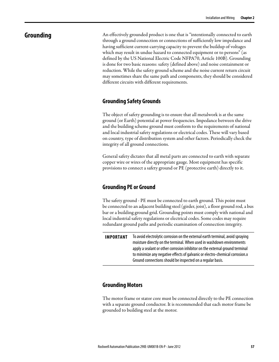 Grounding, Grounding safety grounds, Grounding pe or ground | Grounding motors | Rockwell Automation 294E ArmorStart LT EtherNet/IP Version - User Manual User Manual | Page 57 / 252