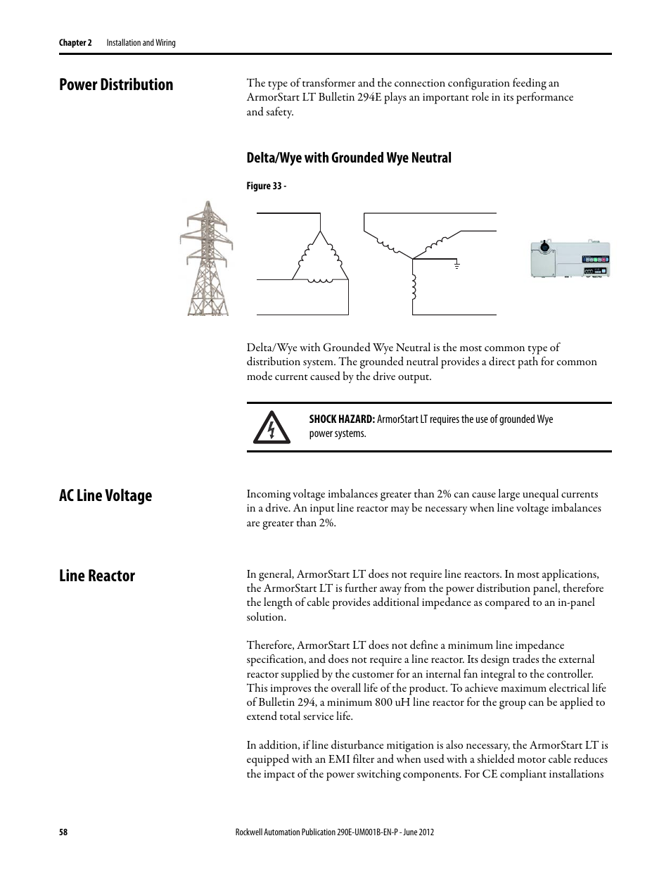 Power distribution, Delta/wye with grounded wye neutral, Ac line voltage | Line reactor | Rockwell Automation 294E ArmorStart LT EtherNet/IP Version - User Manual User Manual | Page 58 / 252