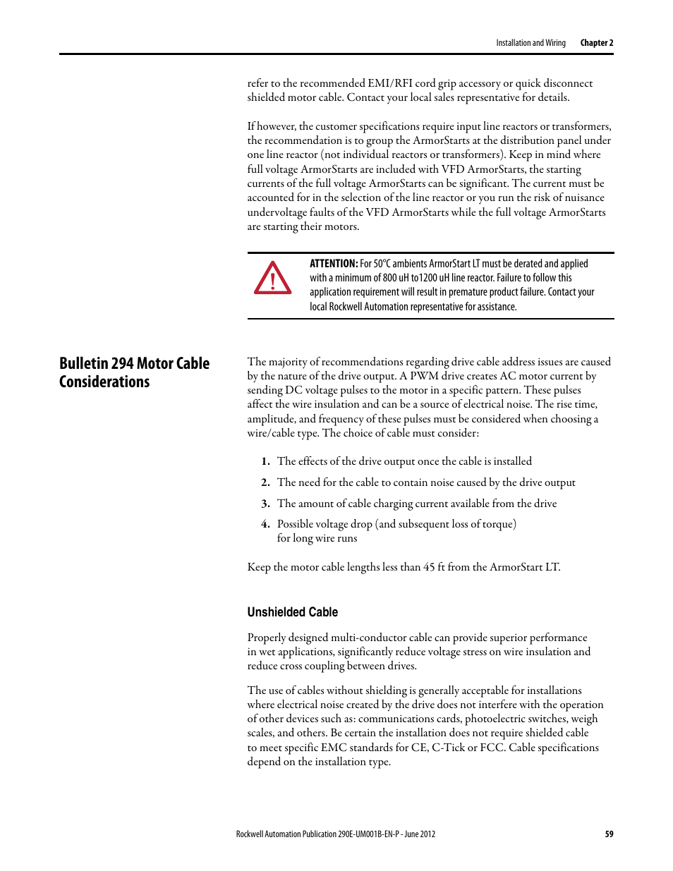 Bulletin 294 motor cable considerations, Unshielded cable | Rockwell Automation 294E ArmorStart LT EtherNet/IP Version - User Manual User Manual | Page 59 / 252