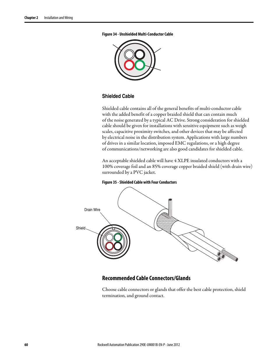 Shielded cable, Recommended cable connectors/glands | Rockwell Automation 294E ArmorStart LT EtherNet/IP Version - User Manual User Manual | Page 60 / 252