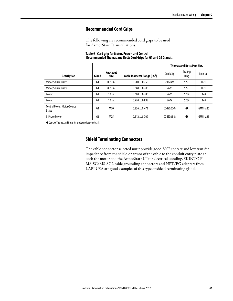Recommended cord grips, Shield terminating connectors | Rockwell Automation 294E ArmorStart LT EtherNet/IP Version - User Manual User Manual | Page 61 / 252