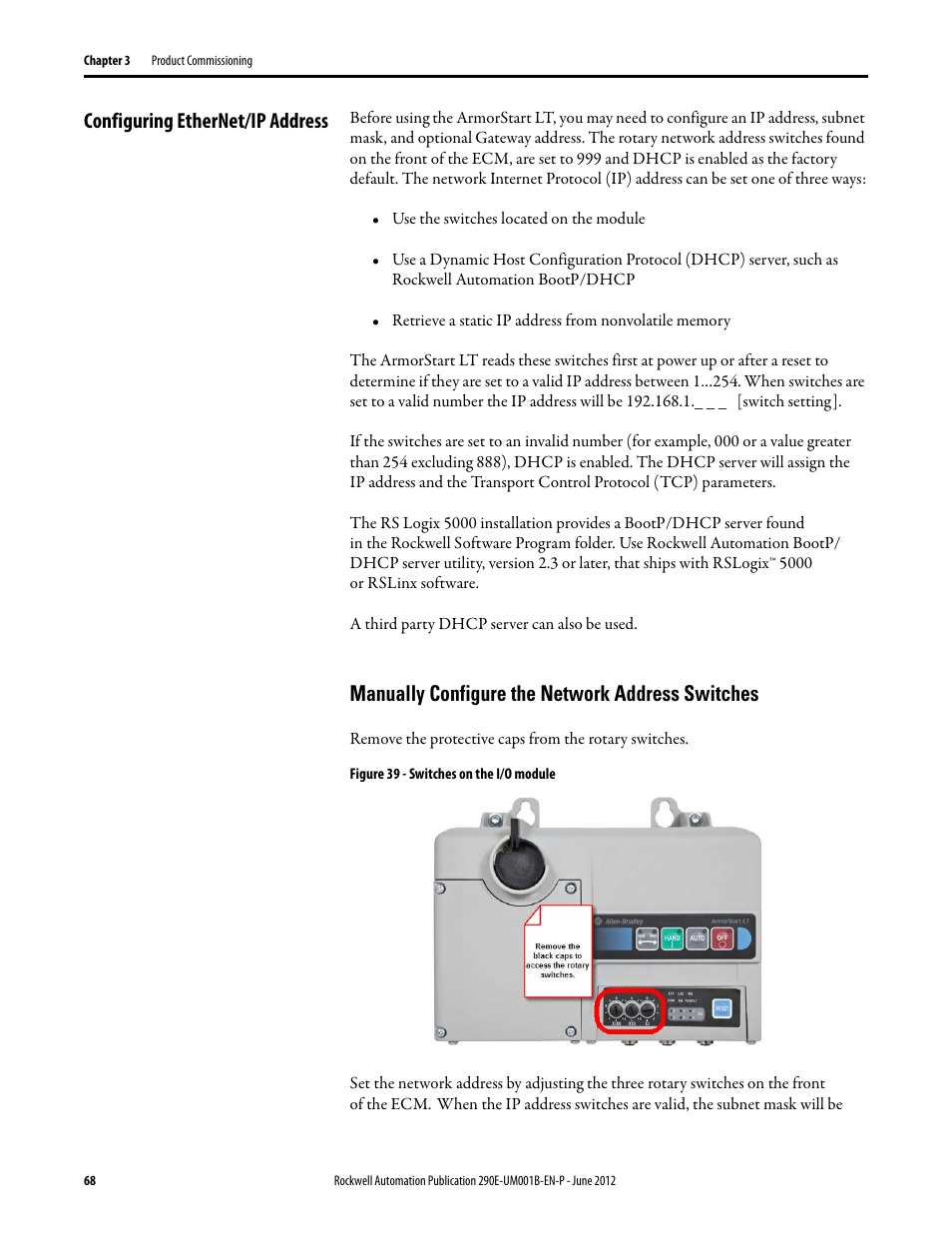 Configuring ethernet/ip address, Manually configure the network address switches | Rockwell Automation 294E ArmorStart LT EtherNet/IP Version - User Manual User Manual | Page 68 / 252