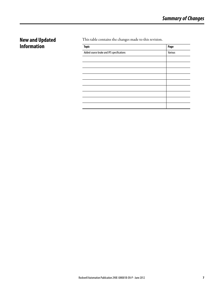 Summary of changes, New and updated information, Summary of changes new and updated information | Rockwell Automation 294E ArmorStart LT EtherNet/IP Version - User Manual User Manual | Page 7 / 252
