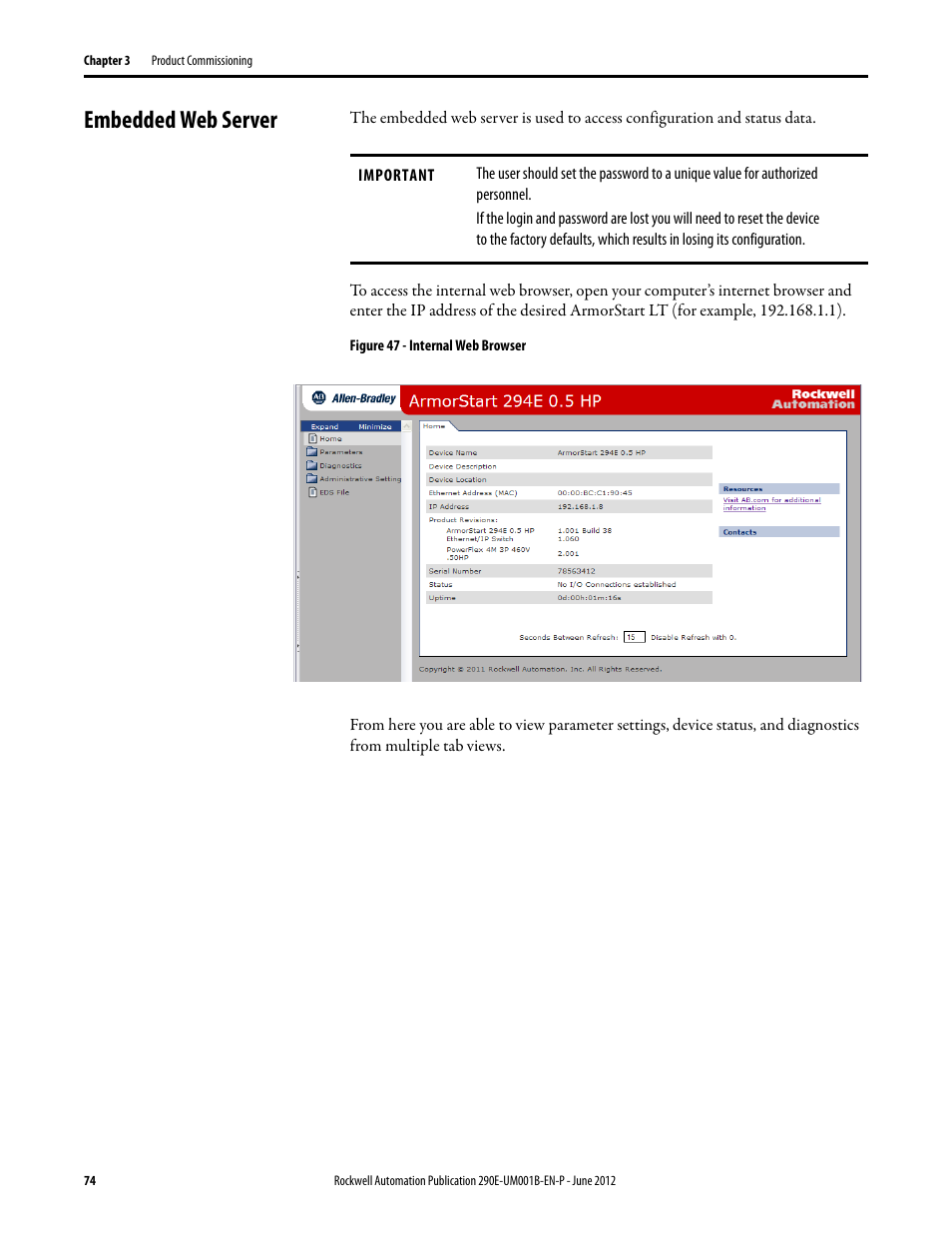 Embedded web server | Rockwell Automation 294E ArmorStart LT EtherNet/IP Version - User Manual User Manual | Page 74 / 252