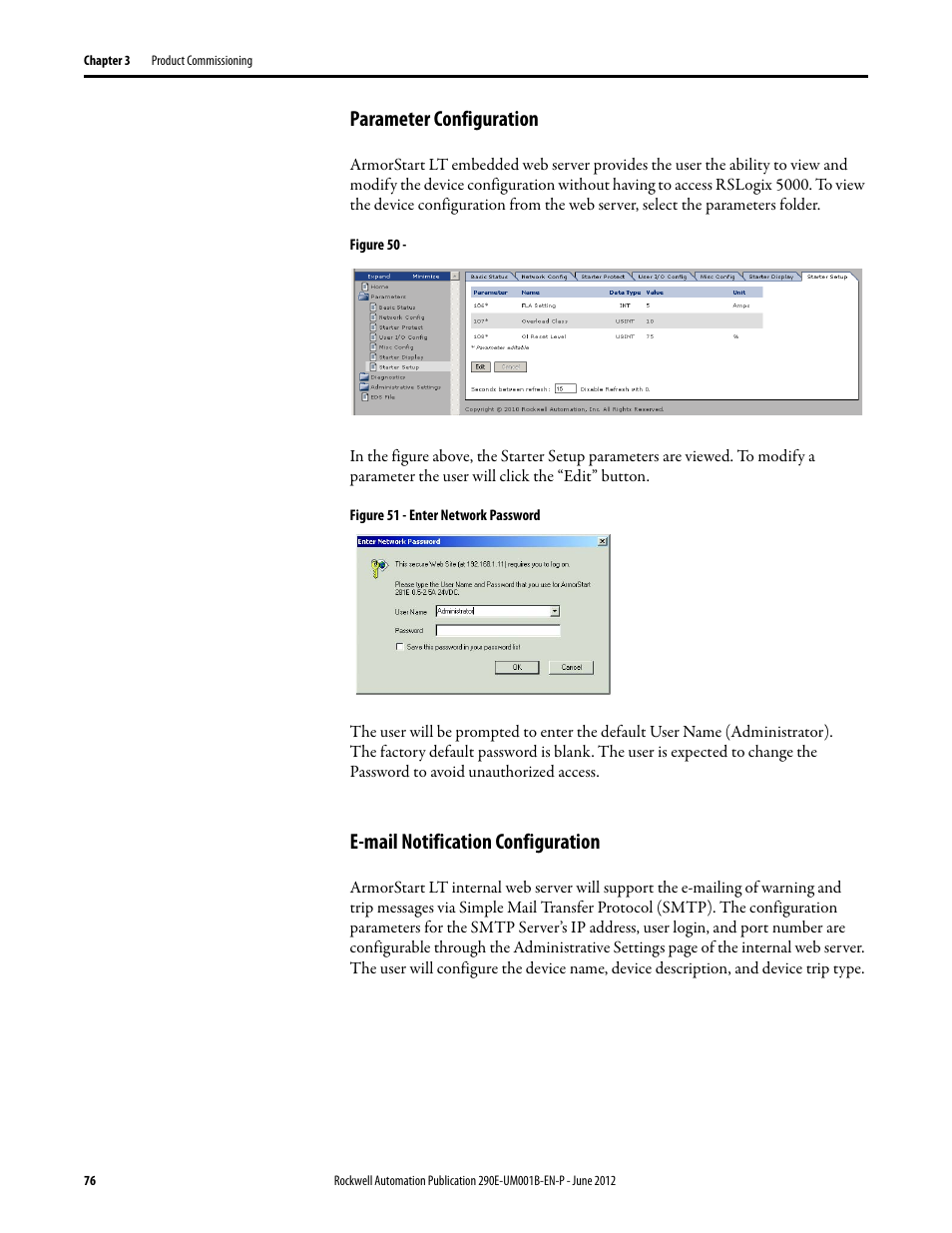 Parameter configuration, E-mail notification configuration | Rockwell Automation 294E ArmorStart LT EtherNet/IP Version - User Manual User Manual | Page 76 / 252