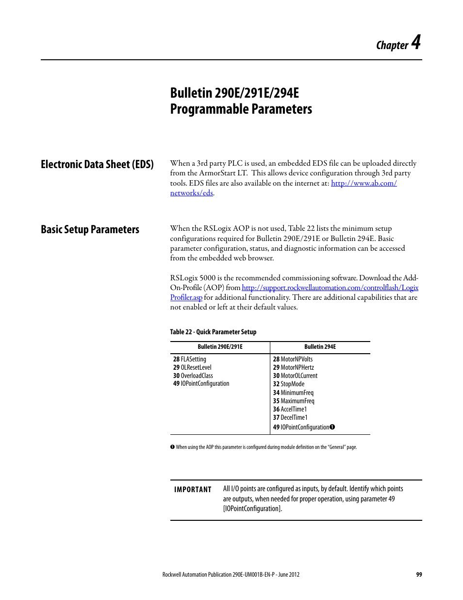 Chapter 4, Bulletin 290e/291e/294e programmable parameters, Electronic data sheet (eds) | Basic setup parameters, Chapter | Rockwell Automation 294E ArmorStart LT EtherNet/IP Version - User Manual User Manual | Page 99 / 252