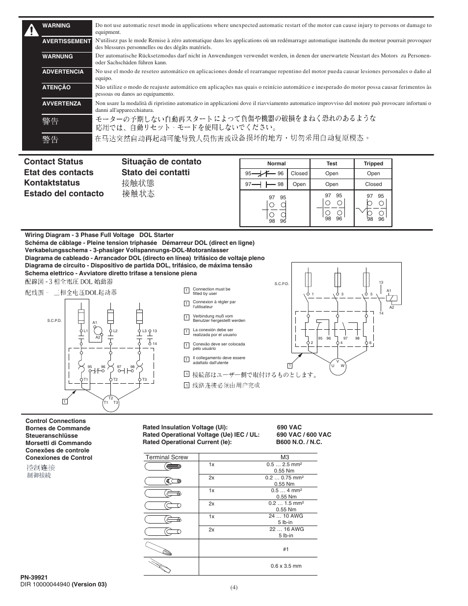 Situação de contato stato dei contatti | Rockwell Automation 193-EE Bul 193 E1 PLUS Overload Relay Application and Installation User Manual | Page 4 / 6