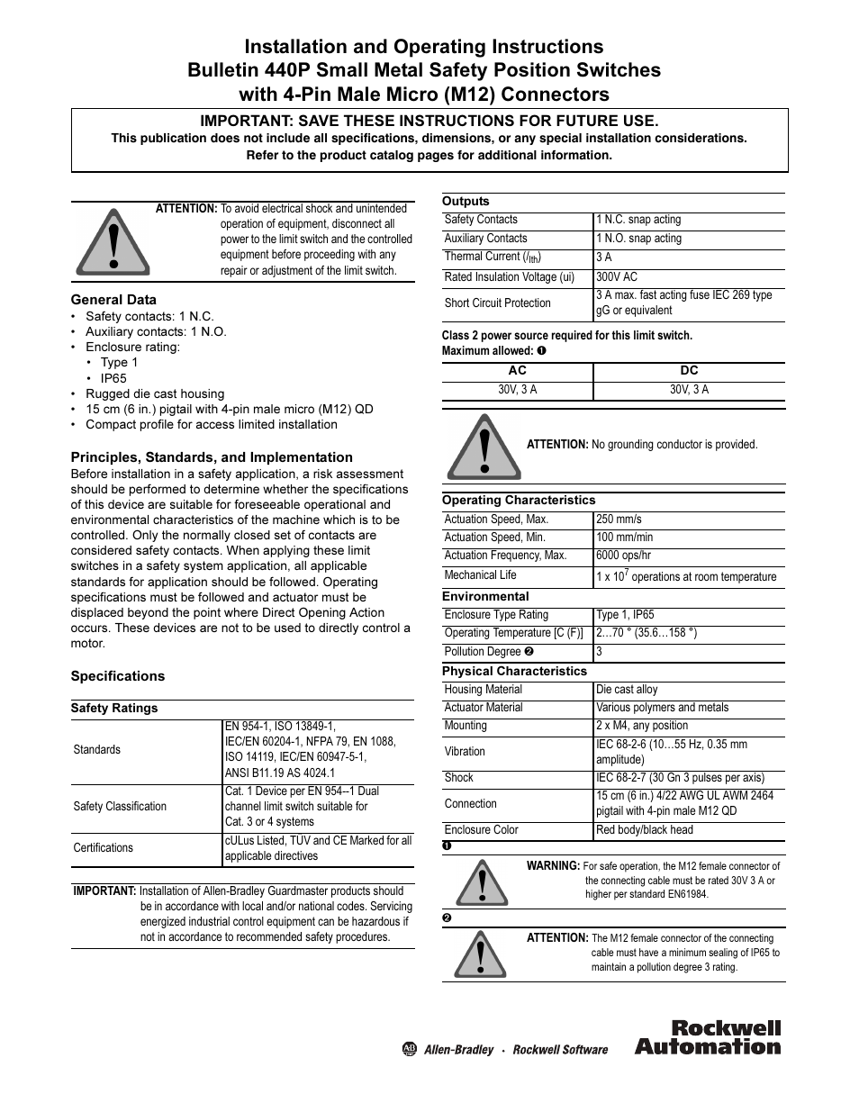 Rockwell Automation 440P Small Metal Safety Switches (4-Pin) User Manual | 4 pages