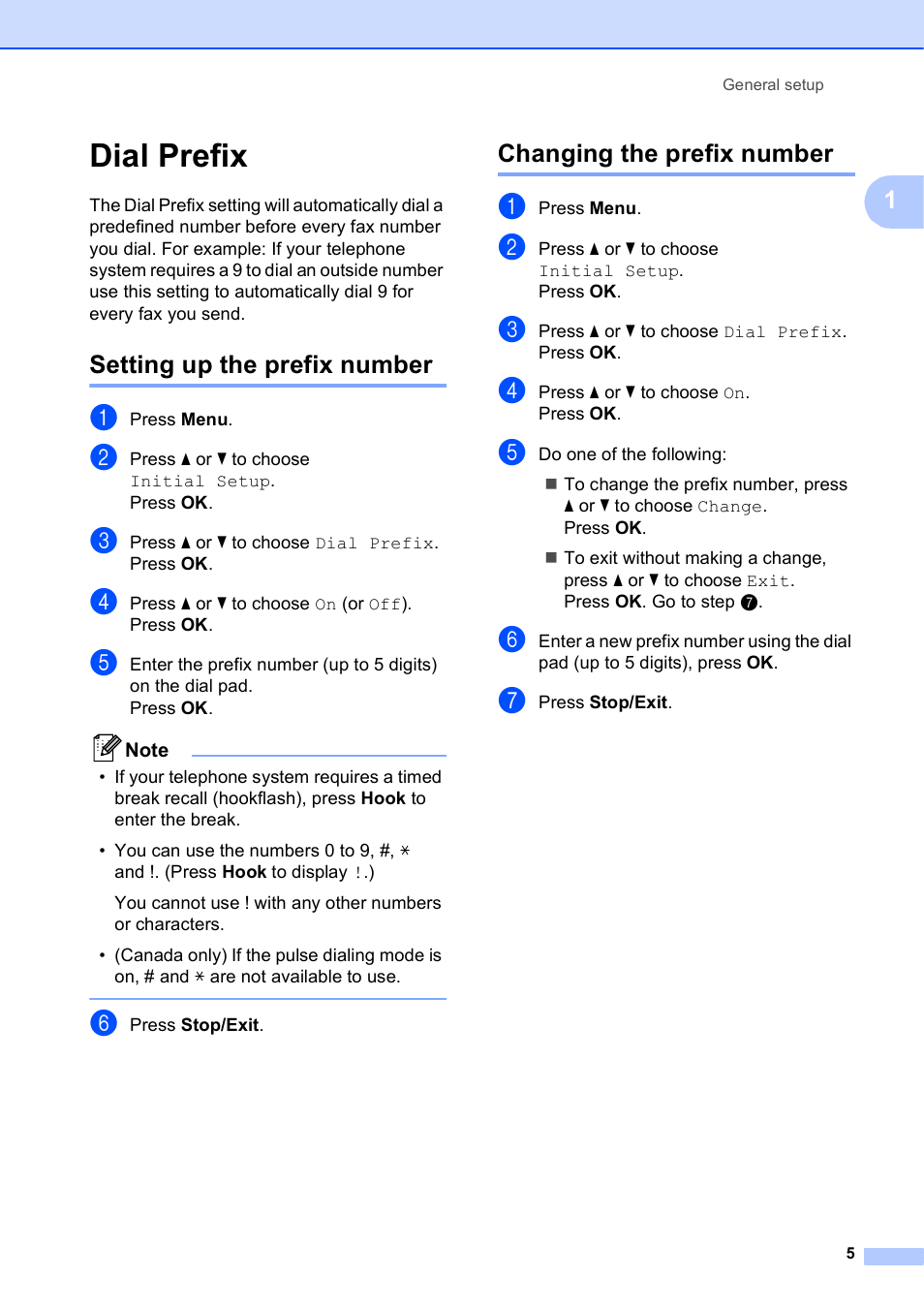 Dial prefix, Setting up the prefix number, Changing the prefix number | Brother MFC J6710DW User Manual | Page 11 / 89