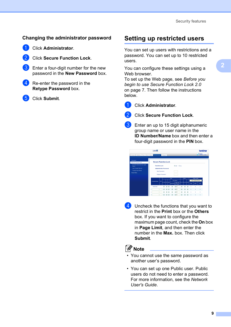Changing the administrator password, Setting up restricted users | Brother MFC J6710DW User Manual | Page 15 / 89
