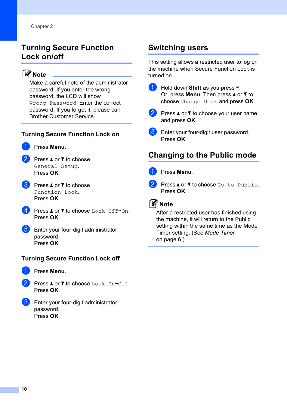 Turning secure function lock on/off, Turning secure function lock on, Turning secure function lock off | Switching users, Changing to the public mode | Brother MFC J6710DW User Manual | Page 16 / 89