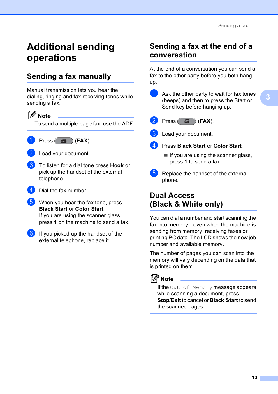 Additional sending operations, Sending a fax manually, Sending a fax at the end of a conversation | Dual access (black & white only) | Brother MFC J6710DW User Manual | Page 19 / 89