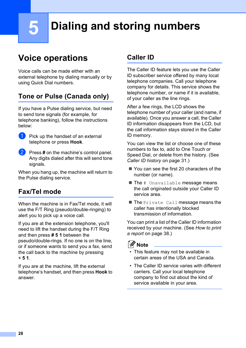 5 dialing and storing numbers, Voice operations, Tone or pulse (canada only) | Fax/tel mode, Caller id, Dialing and storing numbers, Tone or pulse (canada only) fax/tel mode caller id | Brother MFC J6710DW User Manual | Page 34 / 89