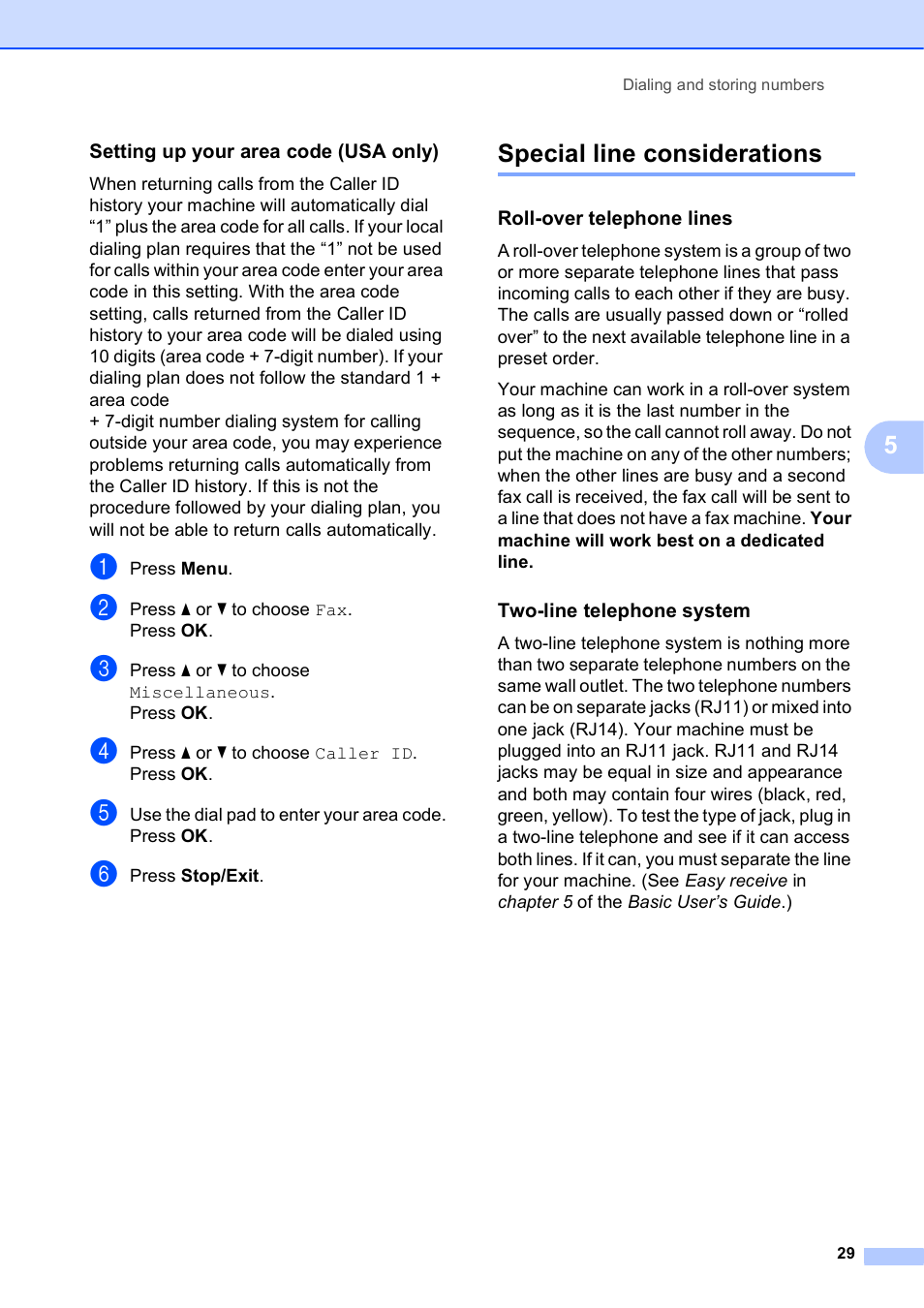 Setting up your area code (usa only), Special line considerations, Roll-over telephone lines | Two-line telephone system | Brother MFC J6710DW User Manual | Page 35 / 89