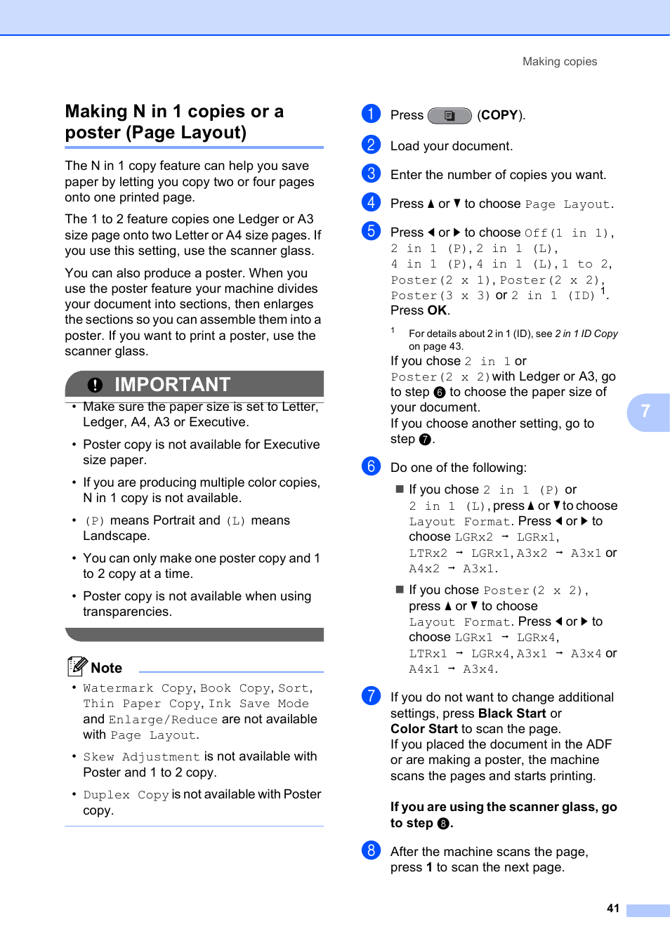 Important, 7making n in 1 copies or a poster (page layout) | Brother MFC J6710DW User Manual | Page 47 / 89