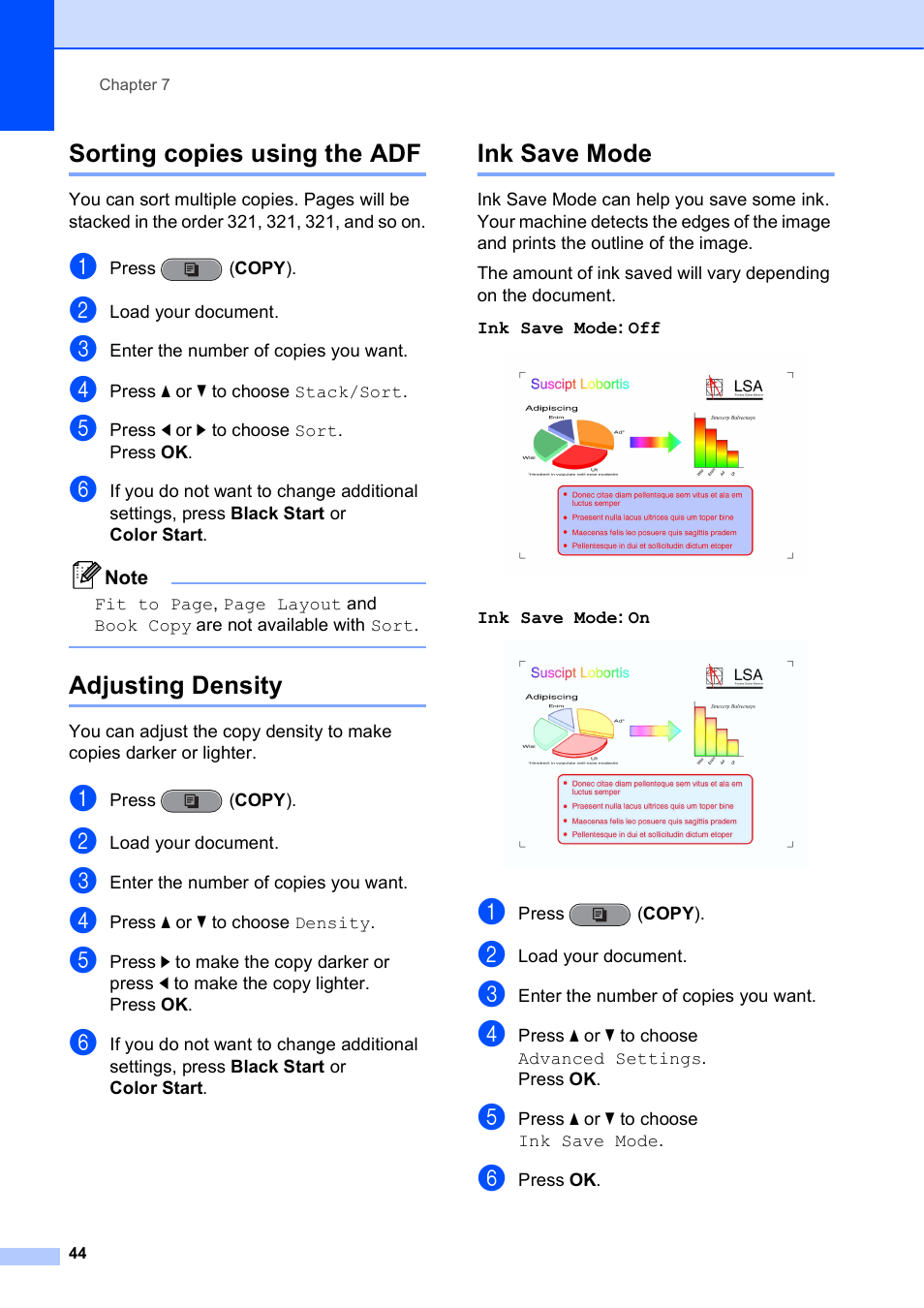 Sorting copies using the adf, Adjusting density, Ink save mode | Brother MFC J6710DW User Manual | Page 50 / 89