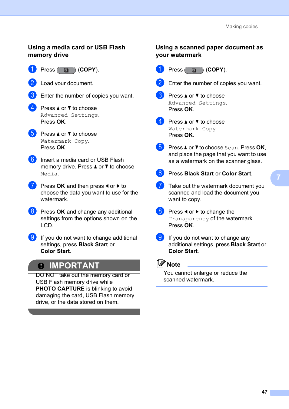 Using a media card or usb flash memory drive, Using a scanned paper document as your watermark, Important | Brother MFC J6710DW User Manual | Page 53 / 89