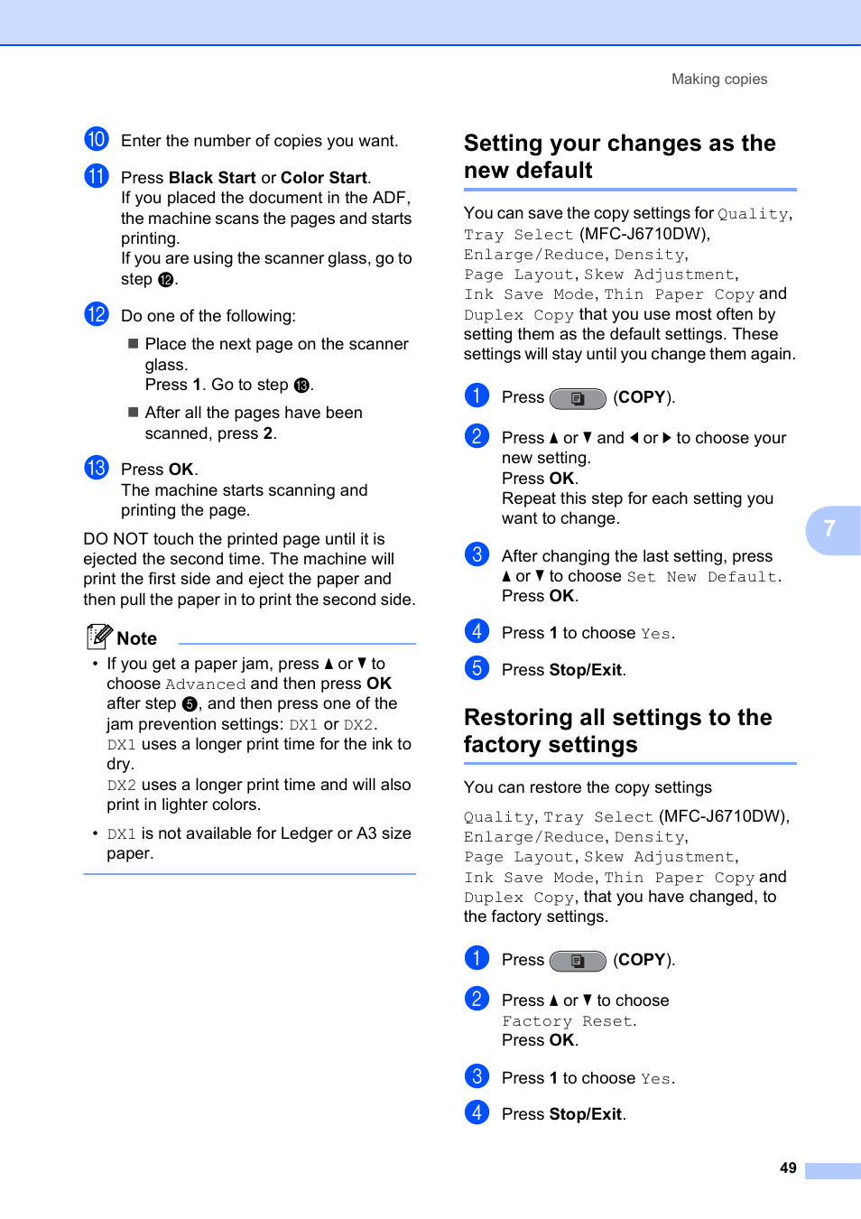 Setting your changes as the new default, Restoring all settings to the factory settings | Brother MFC J6710DW User Manual | Page 55 / 89