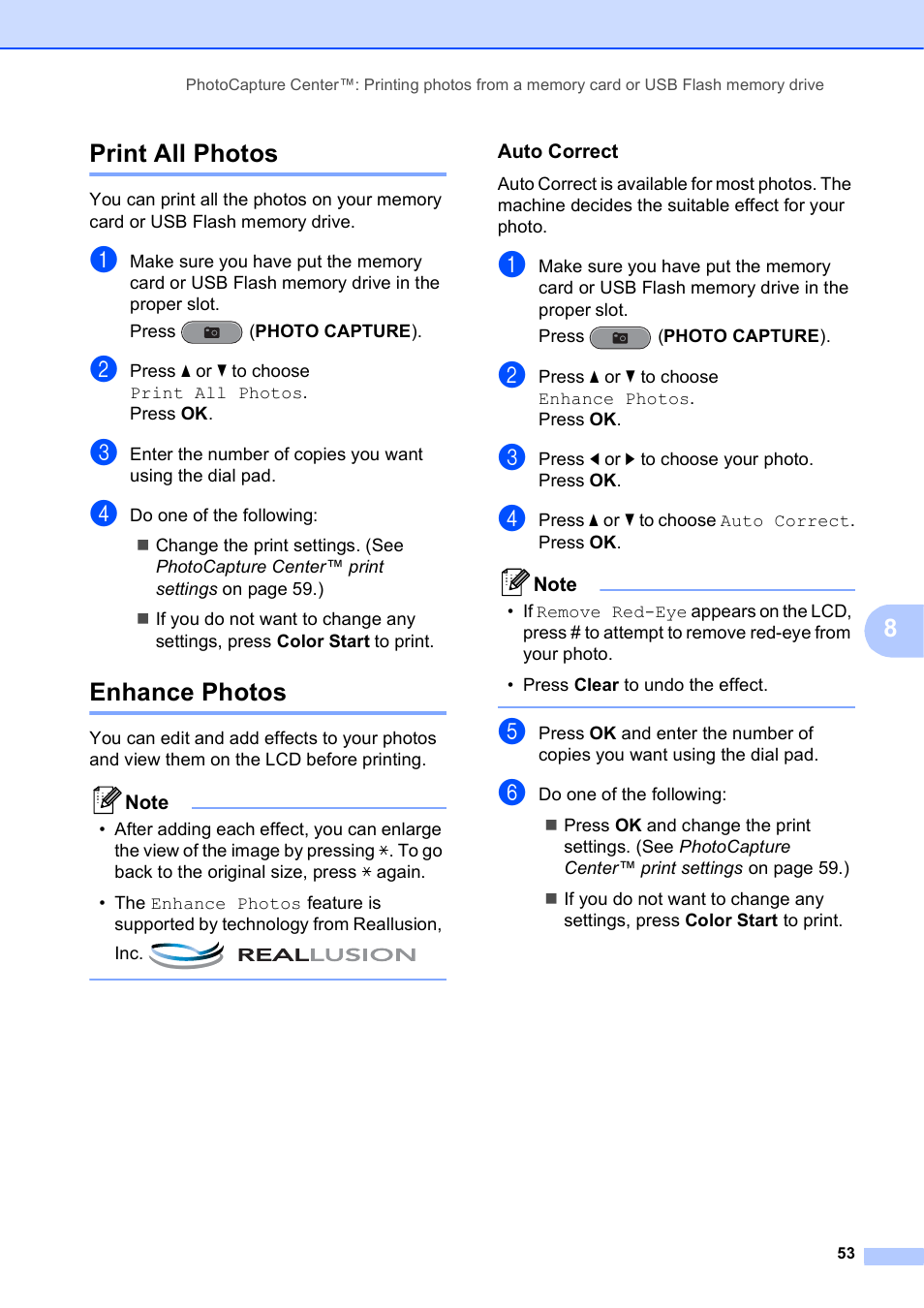 Print all photos, Enhance photos, Auto correct | Print all photos enhance photos, 8print all photos | Brother MFC J6710DW User Manual | Page 59 / 89