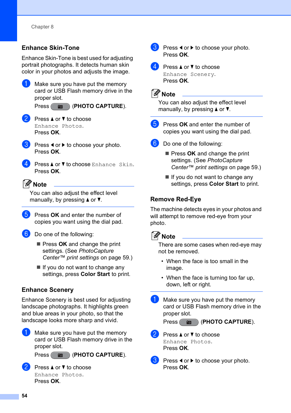 Enhance skin-tone, Enhance scenery, Remove red-eye | Brother MFC J6710DW User Manual | Page 60 / 89