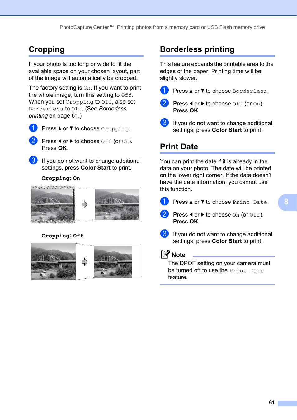 Cropping, Borderless printing, Print date | Cropping borderless printing print date, 8cropping | Brother MFC J6710DW User Manual | Page 67 / 89
