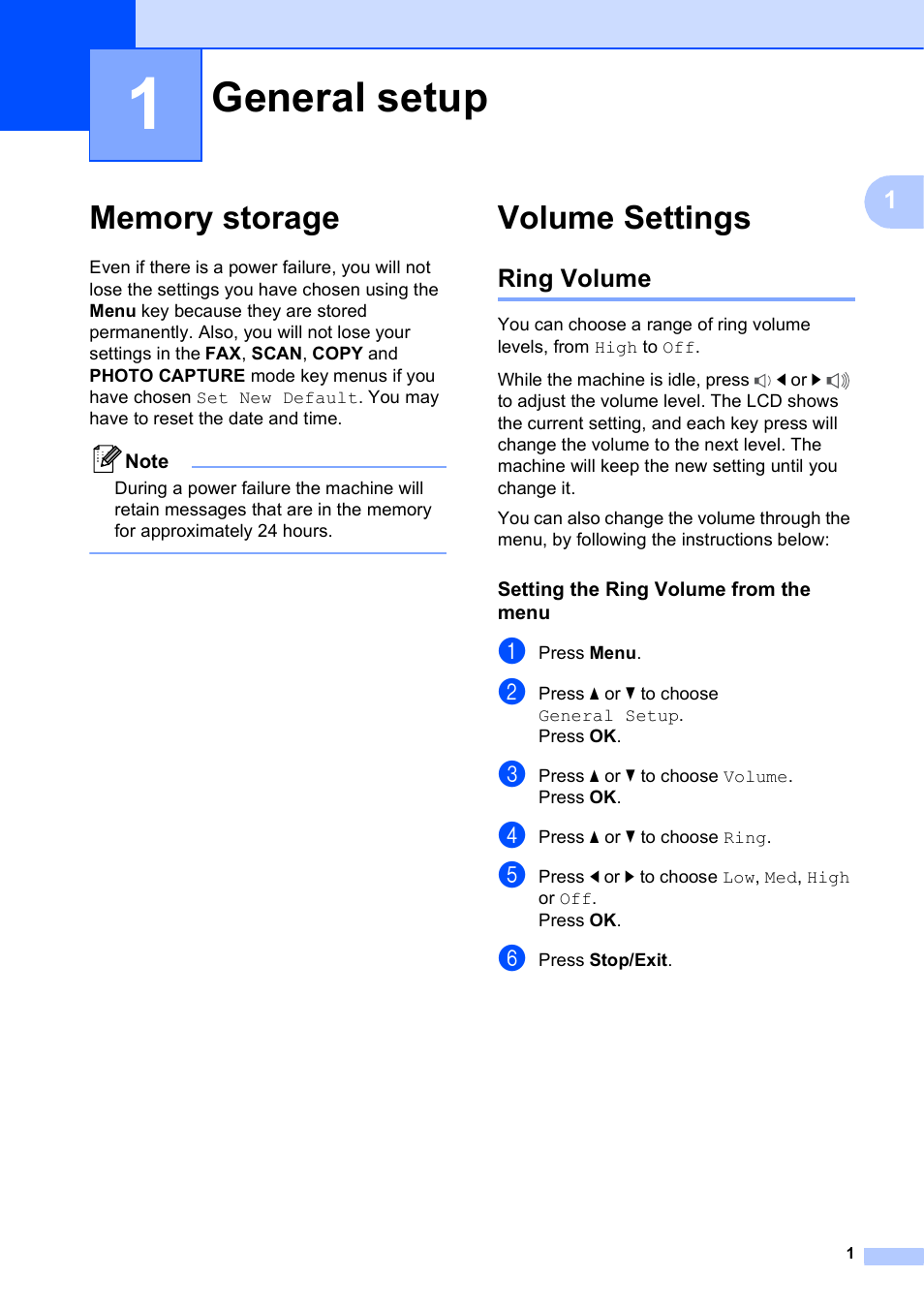 1 general setup, Memory storage, Volume settings | Ring volume, Setting the ring volume from the menu, General setup, Memory storage volume settings | Brother MFC J6710DW User Manual | Page 7 / 89