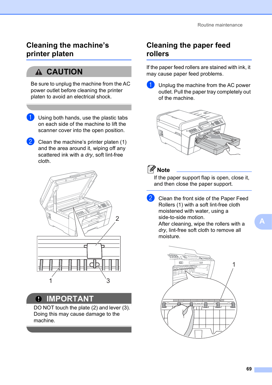 Cleaning the machine’s printer platen, Cleaning the paper feed rollers, Caution | Important, Acleaning the machine’s printer platen | Brother MFC J6710DW User Manual | Page 75 / 89