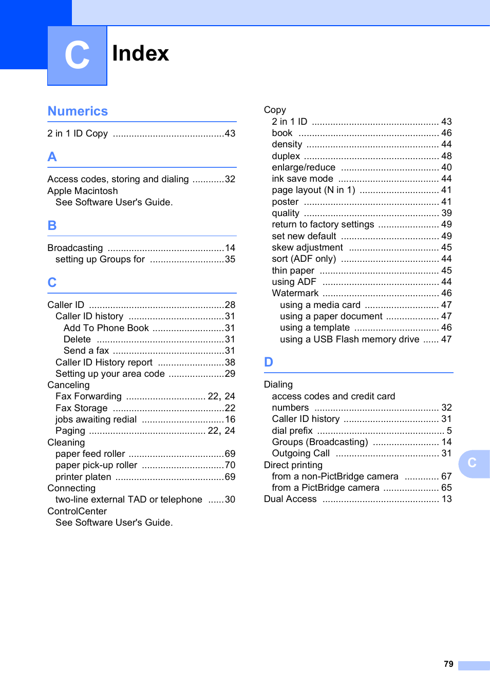 Index, Cnumerics | Brother MFC J6710DW User Manual | Page 85 / 89