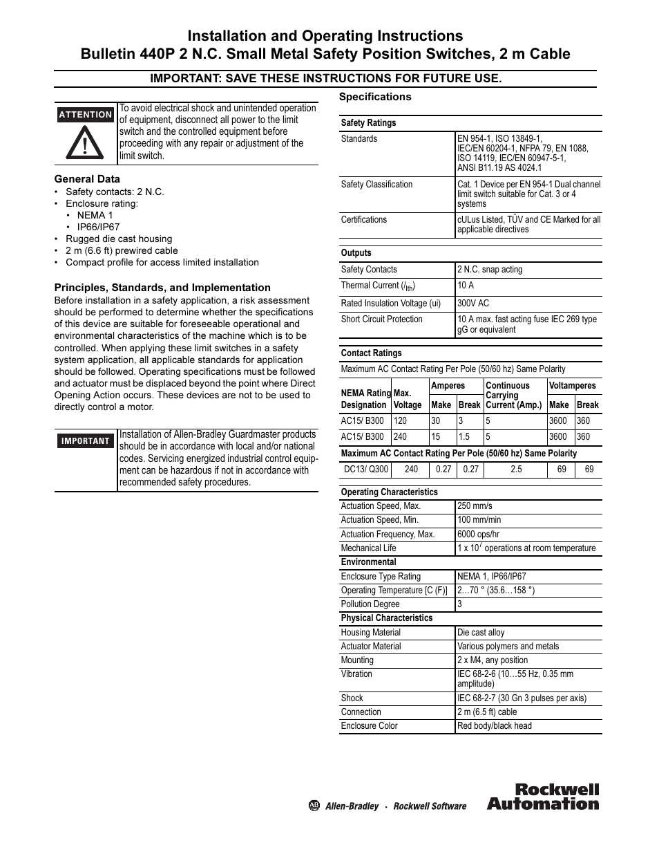Rockwell Automation 440P Bulletin 440P 2 N.C. Small Metal Safety Position Switches, 2 m Cable User Manual | 4 pages
