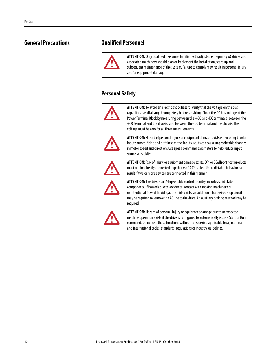 General precautions, Qualified personnel, Personal safety | Qualified personnel personal safety | Rockwell Automation 21G PowerFlex 750-Series AC Drives Programming Manual User Manual | Page 12 / 544