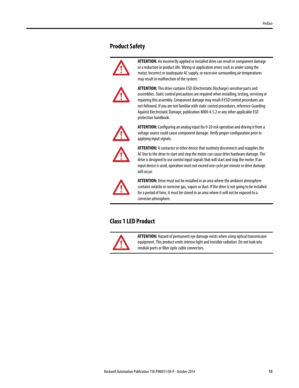 Product safety, Class 1 led product, Product safety class 1 led product | Rockwell Automation 21G PowerFlex 750-Series AC Drives Programming Manual User Manual | Page 13 / 544