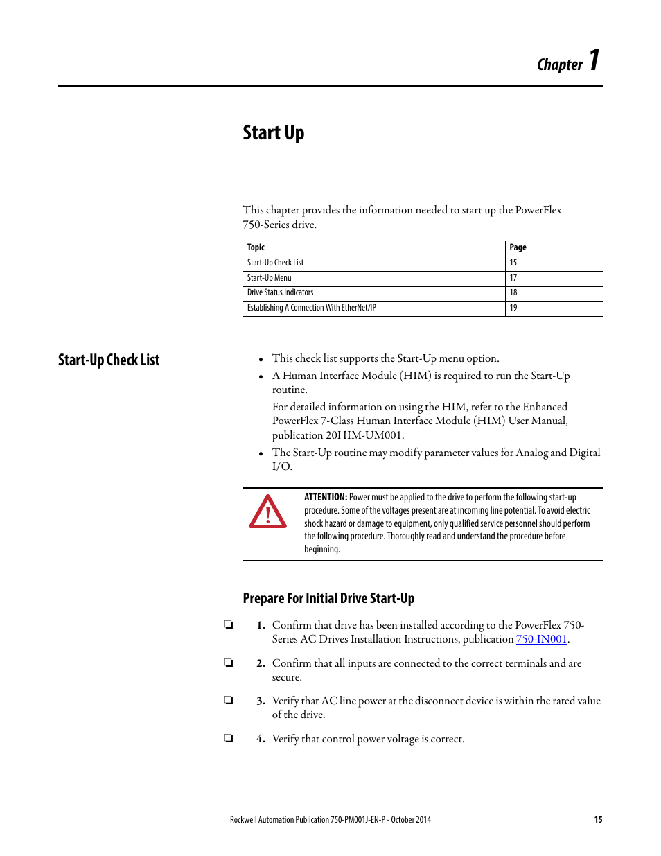 Start up, Start-up check list, Prepare for initial drive start-up | Chapter 1, Chapter | Rockwell Automation 21G PowerFlex 750-Series AC Drives Programming Manual User Manual | Page 15 / 544