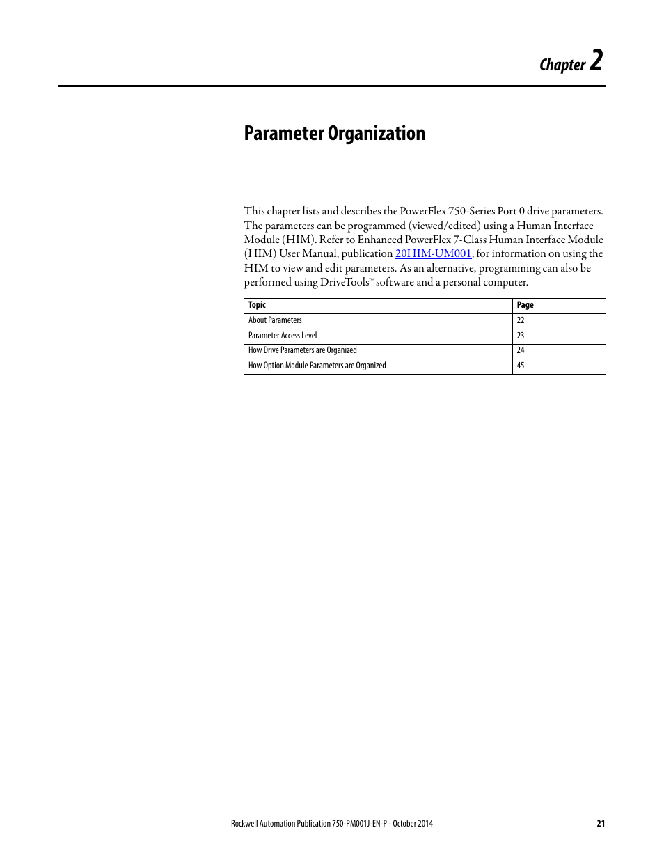 Parameter organization, Chapter 2, Chapter | Rockwell Automation 21G PowerFlex 750-Series AC Drives Programming Manual User Manual | Page 21 / 544