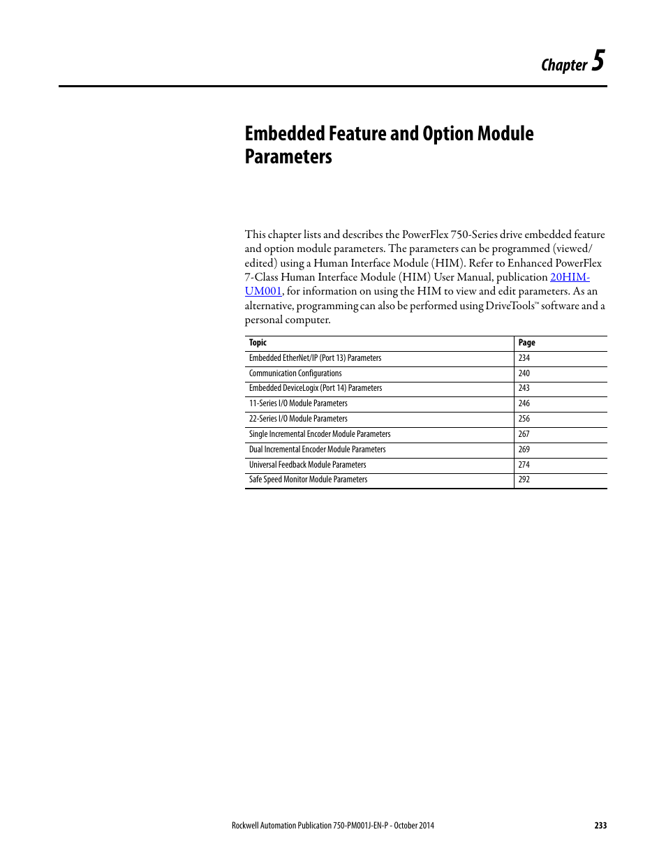 Embedded feature and option module parameters, Chapter 5, Chapter | Rockwell Automation 21G PowerFlex 750-Series AC Drives Programming Manual User Manual | Page 233 / 544