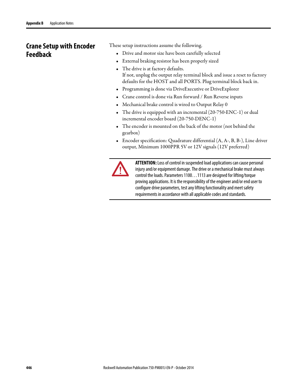 Crane setup with encoder feedback | Rockwell Automation 21G PowerFlex 750-Series AC Drives Programming Manual User Manual | Page 446 / 544
