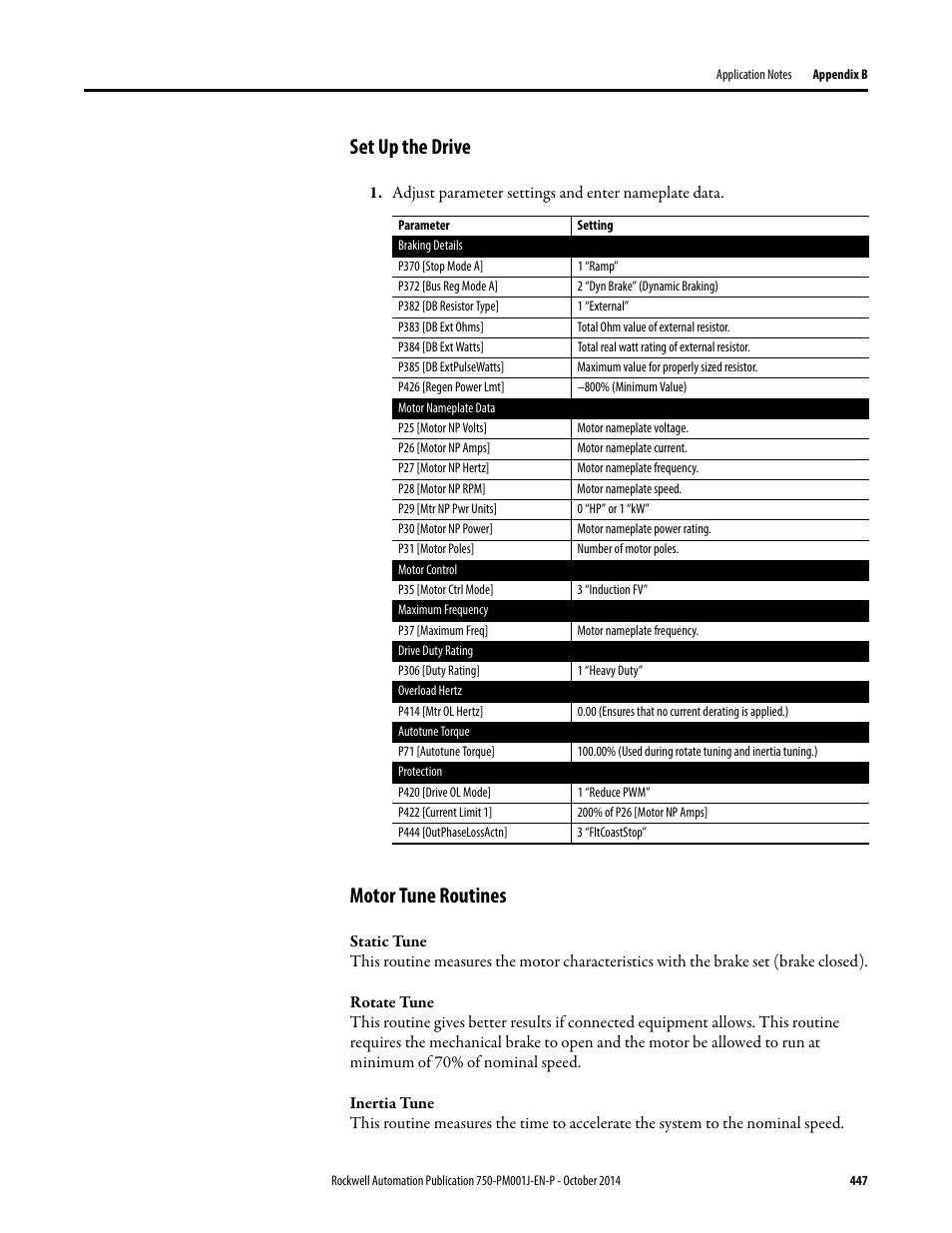 Set up the drive, Motor tune routines | Rockwell Automation 21G PowerFlex 750-Series AC Drives Programming Manual User Manual | Page 447 / 544