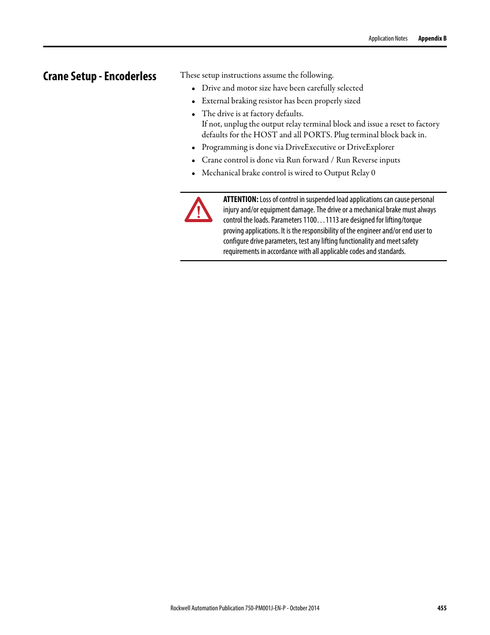 Crane setup - encoderless | Rockwell Automation 21G PowerFlex 750-Series AC Drives Programming Manual User Manual | Page 455 / 544