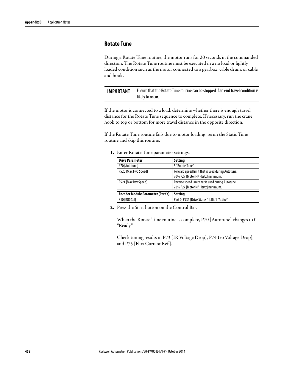Rotate tune | Rockwell Automation 21G PowerFlex 750-Series AC Drives Programming Manual User Manual | Page 458 / 544