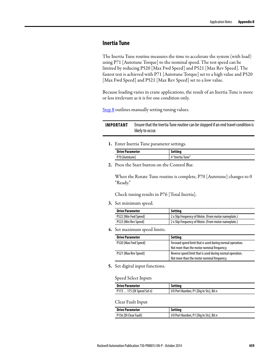 Inertia tune | Rockwell Automation 21G PowerFlex 750-Series AC Drives Programming Manual User Manual | Page 459 / 544