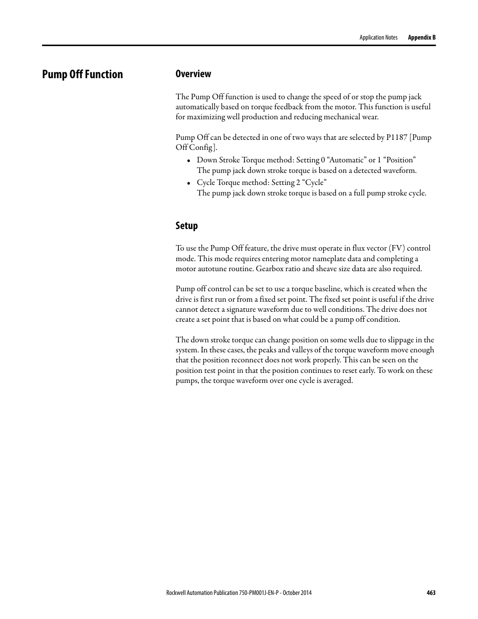 Pump off function, Overview, Setup | Rockwell Automation 21G PowerFlex 750-Series AC Drives Programming Manual User Manual | Page 463 / 544