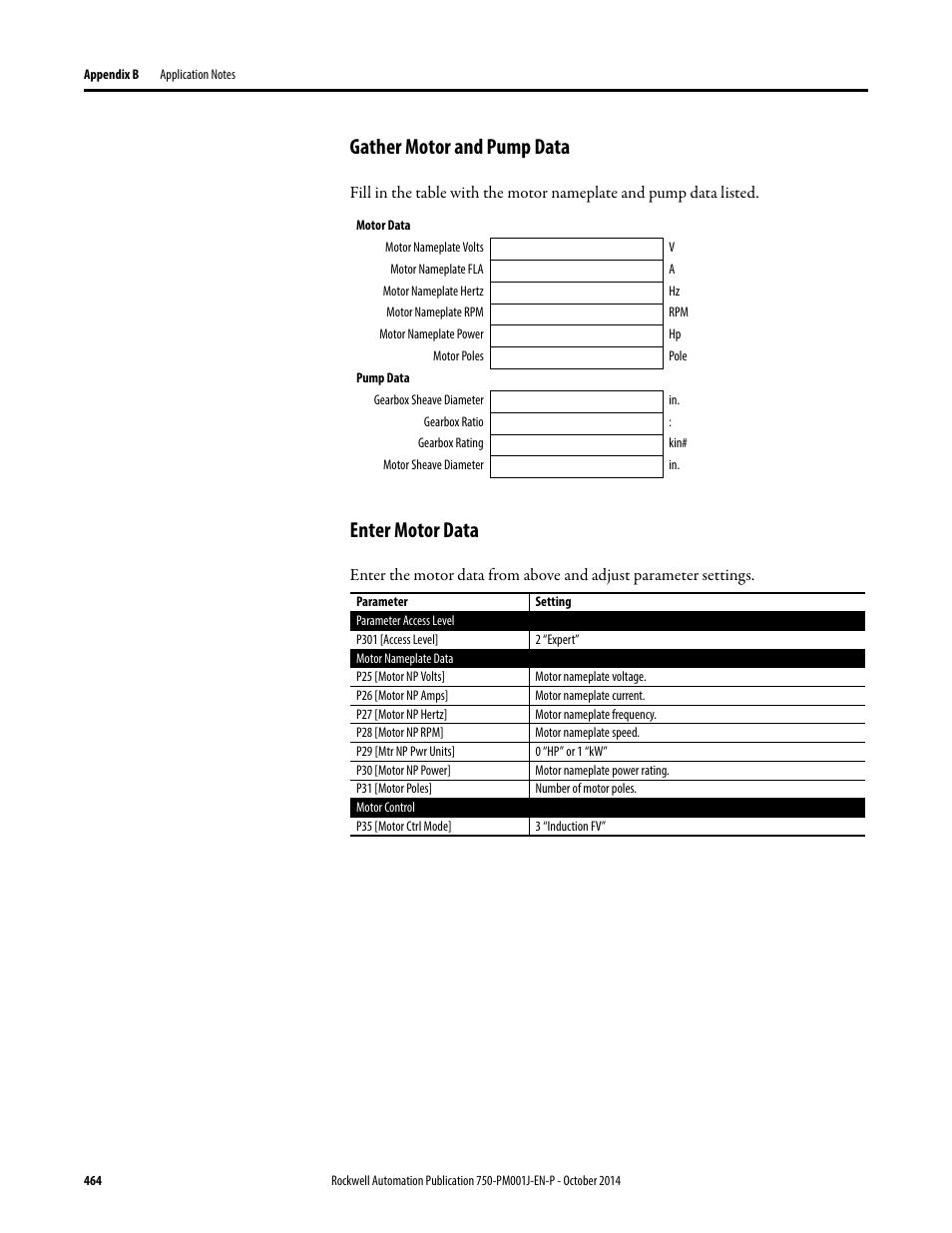 Gather motor and pump data, Enter motor data | Rockwell Automation 21G PowerFlex 750-Series AC Drives Programming Manual User Manual | Page 464 / 544