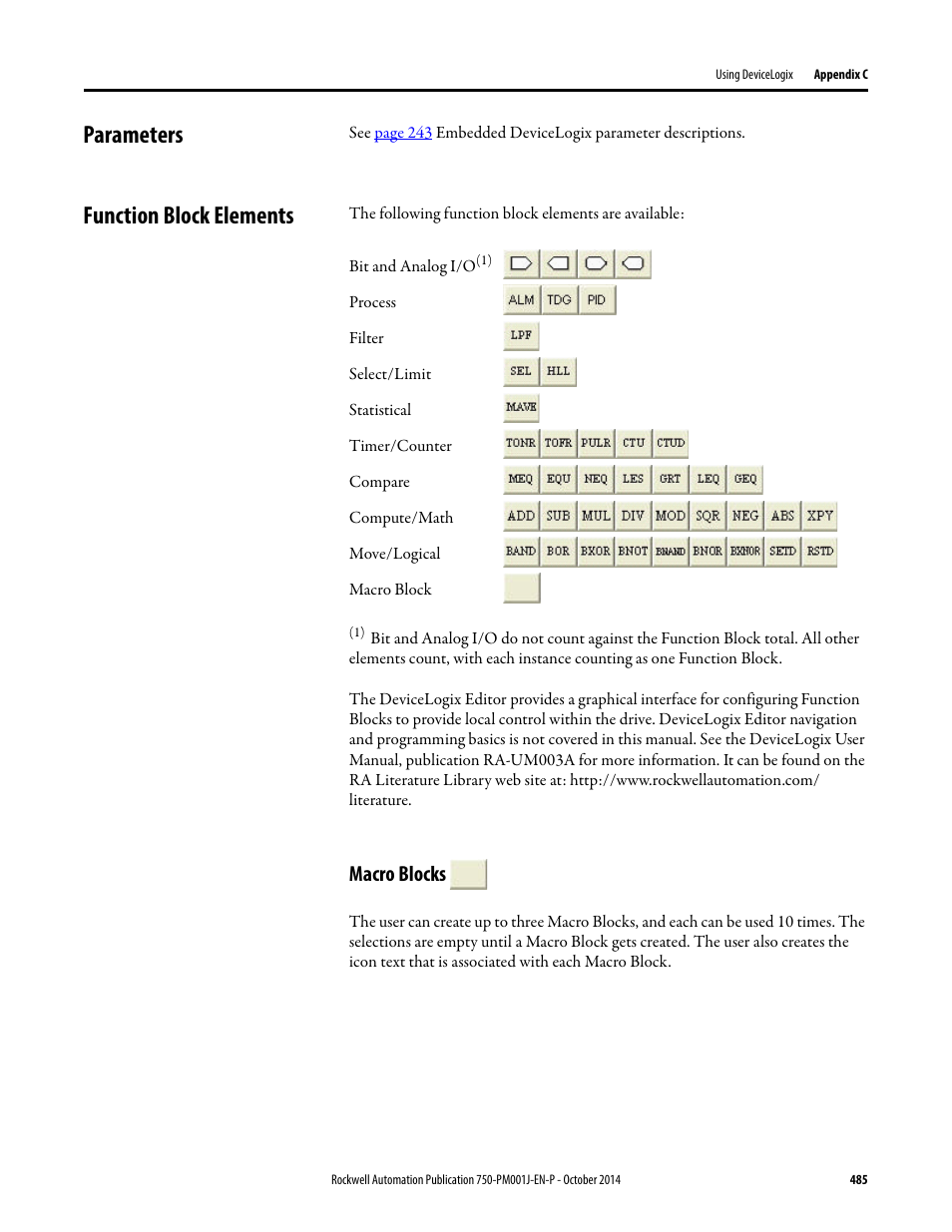Parameters, Function block elements, Macro blocks | Parameters function block elements | Rockwell Automation 21G PowerFlex 750-Series AC Drives Programming Manual User Manual | Page 485 / 544