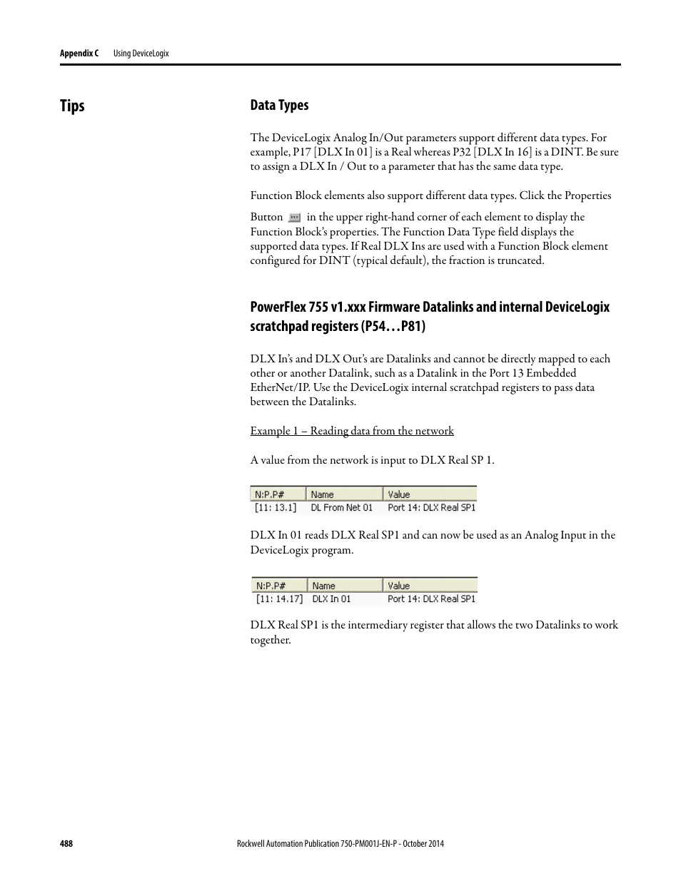 Tips, Data types | Rockwell Automation 21G PowerFlex 750-Series AC Drives Programming Manual User Manual | Page 488 / 544