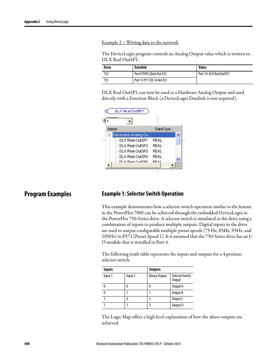 Program examples, Example 1: selector switch operation | Rockwell Automation 21G PowerFlex 750-Series AC Drives Programming Manual User Manual | Page 490 / 544